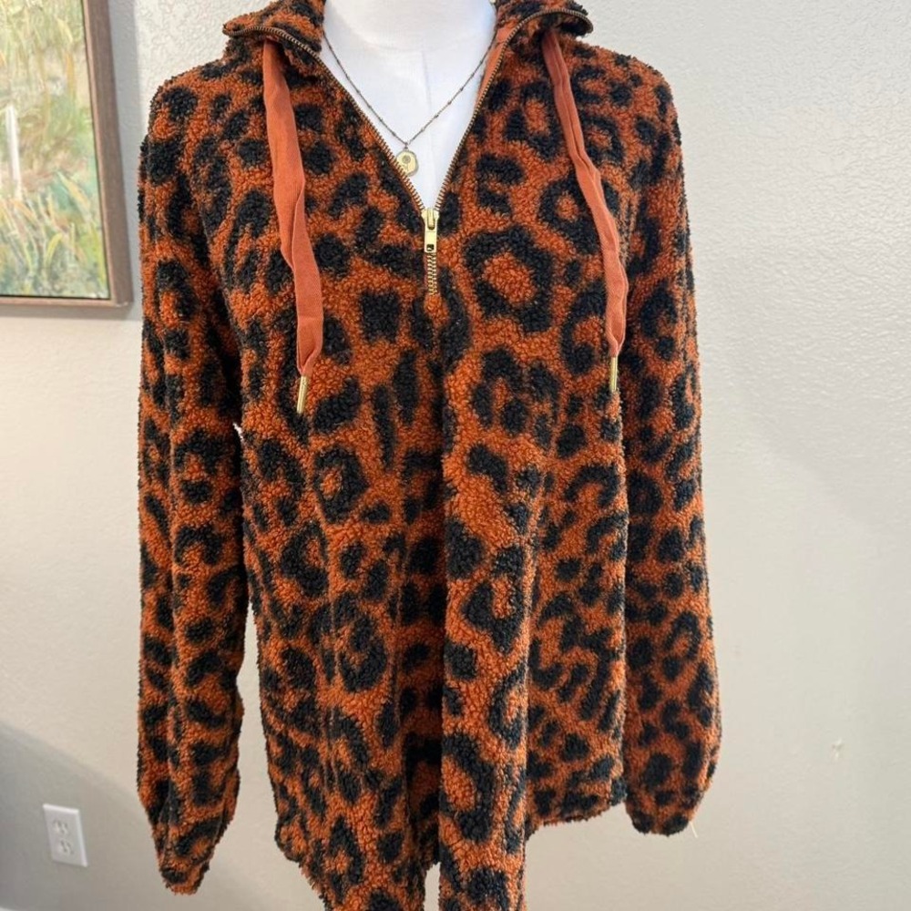 LOFT Leopard Print Sherpa Hoodie – Orange & Black Animal Print - Size M